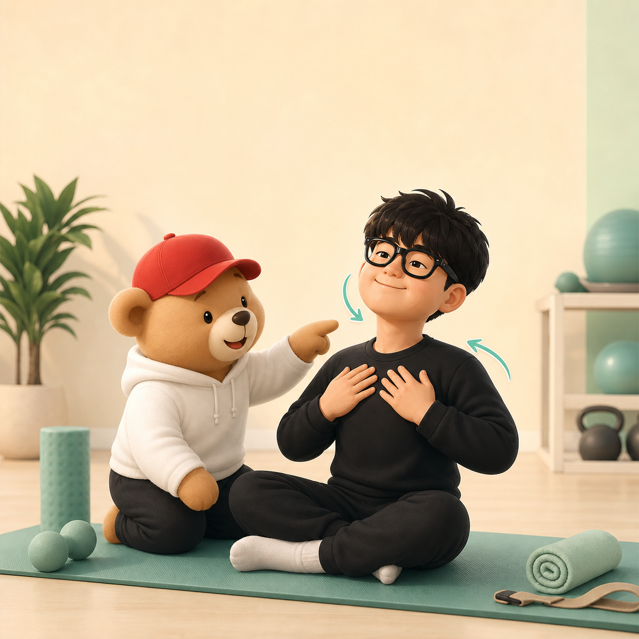 곰 코치와 스트레칭하는 BearAlign 캐릭터